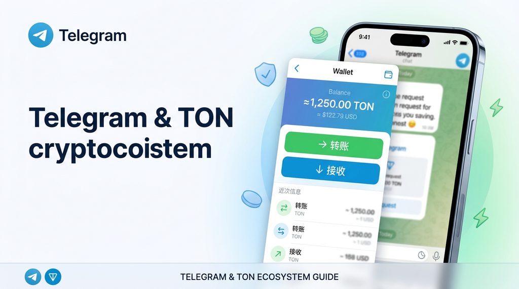 一部智能手机的屏幕截图，显示 Telegram 聊天界面侧边栏弹出钱包余额与简洁的转账按钮