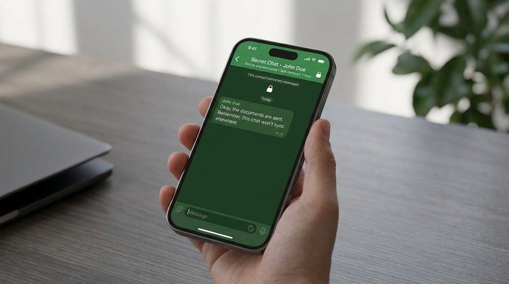 一部智能手机界面,屏幕显示Telegram秘密聊天的绿色对话框,背景简洁,光影自然,突出端到端加密的
