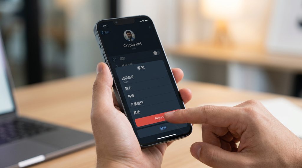 手持智能手机，手指正点击 Telegram 举报弹窗界面的特写镜头