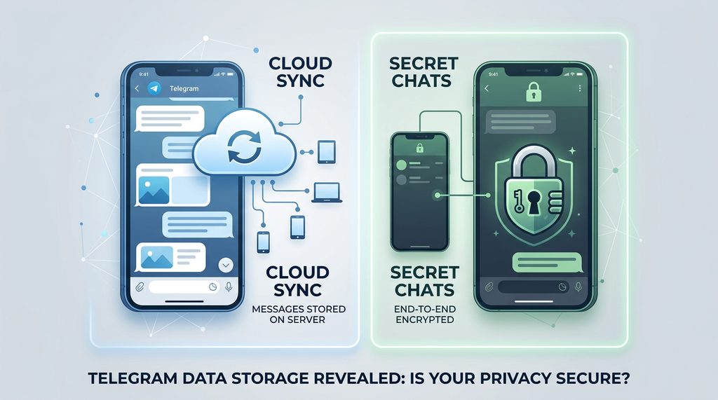 Telegram手机界面显示云端同步图标与加密锁图标对比,极简风格设计