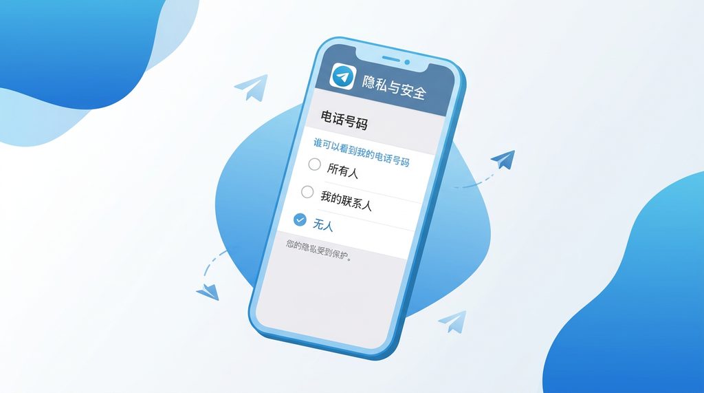 手机屏幕截图，展示Telegram隐私设置中“电话号码”选项被勾选为“无人”的界面，背景简洁