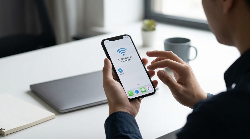 一个人在室内拿着手机，屏幕显示网络连接正常的状态，背景为简洁的办公桌面，光线柔和