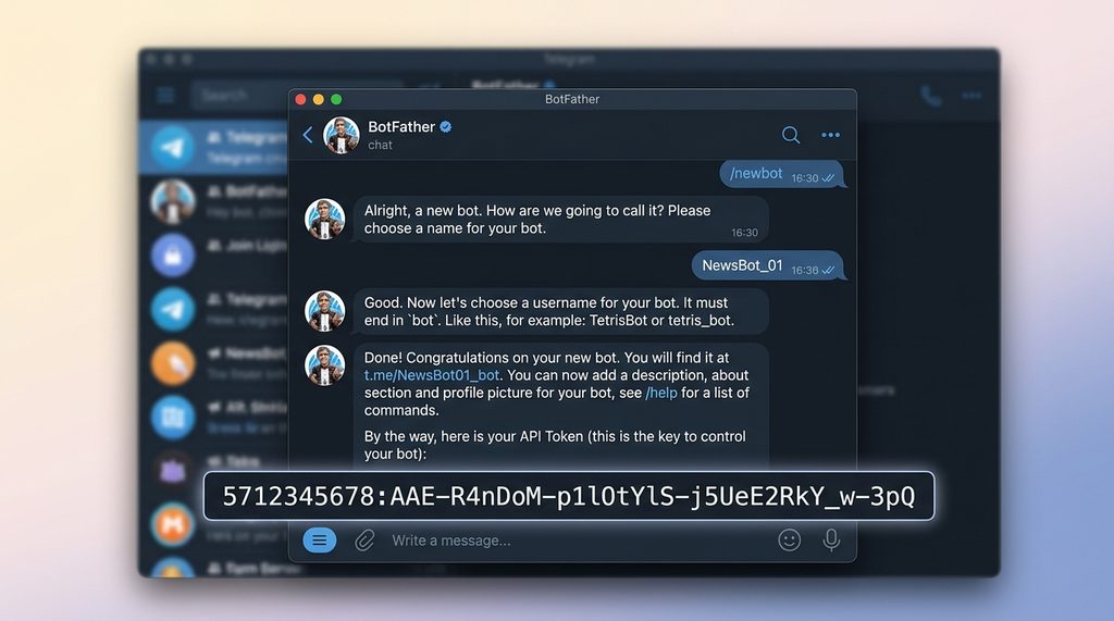 BotFather 对话界面截图,展示获取 API Token 的过程,界面简洁,突出 API 密钥