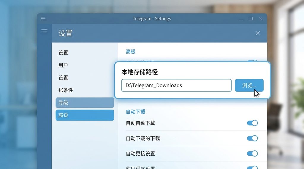 纸飞机软件电脑版的高级设置界面，重点突出本地存储路径的设置框和浏览按钮，简洁直观的软件UI风格
