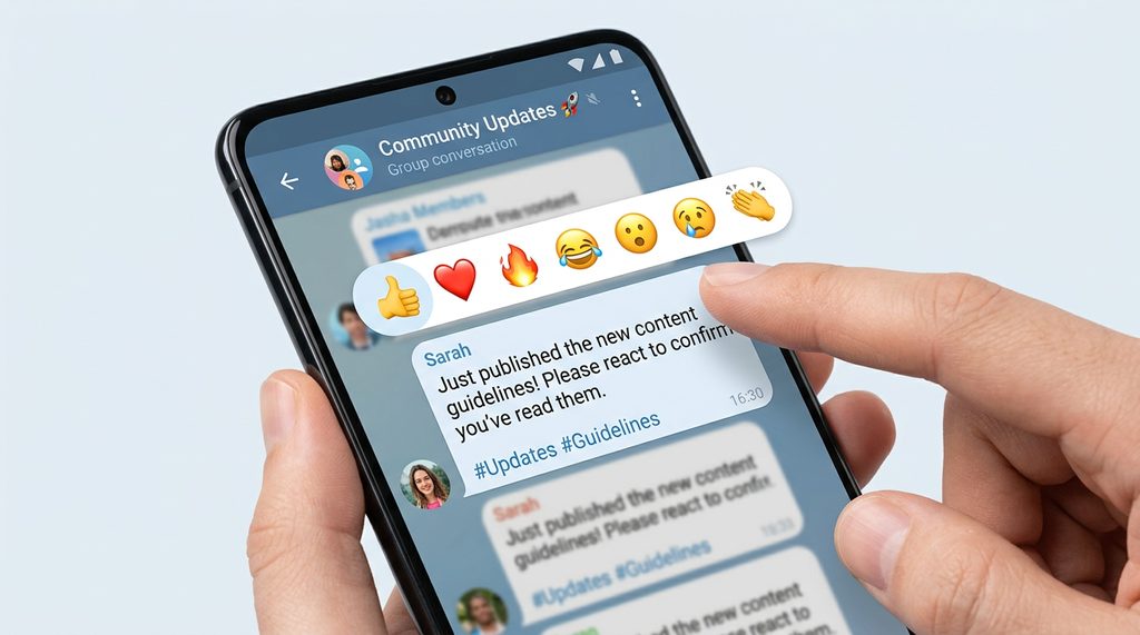 一个Telegram手机界面截图，手指正长按某条聊天气泡，弹出的一排emoji表情选择框