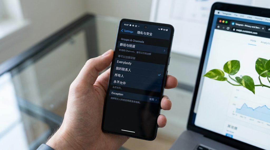 用户在 Telegram 群组中设置隐私权限的界面，简洁的操作逻辑