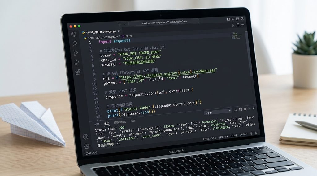 Python 代码编辑器界面,展示调用 API 发送消息的简洁代码段,字体清晰