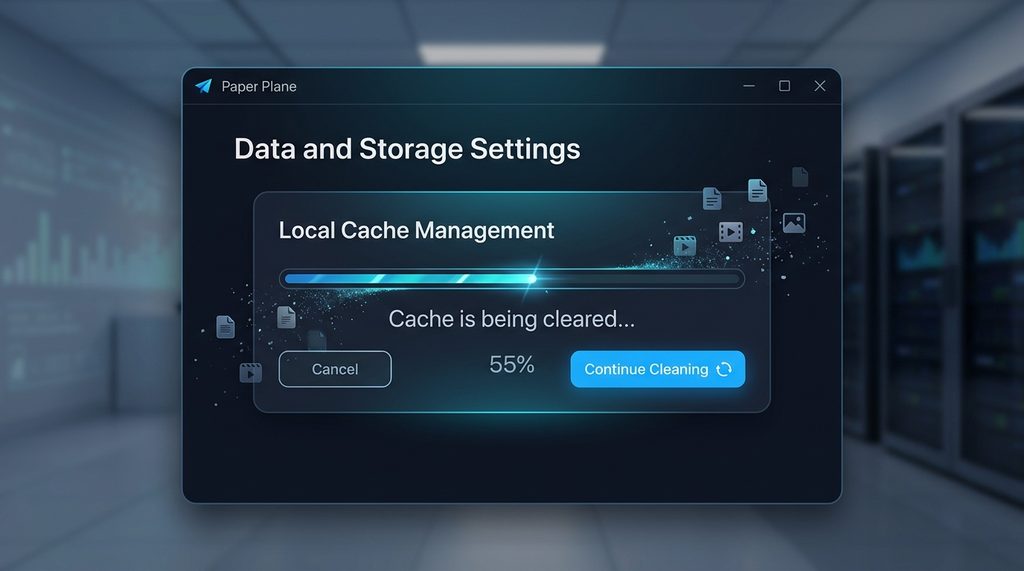 纸飞机数据存储设置界面，显示缓存清理的百分比进度条和清晰的操作按钮，科技感十足