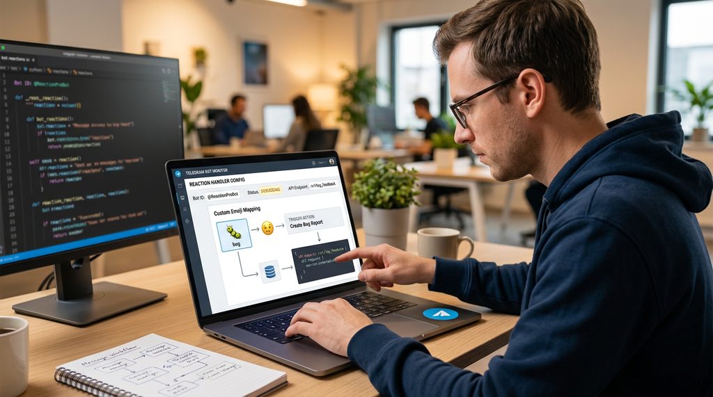 程序员在笔记本电脑前，显示着Telegram机器人后台监控界面，正在调试表情联动功能