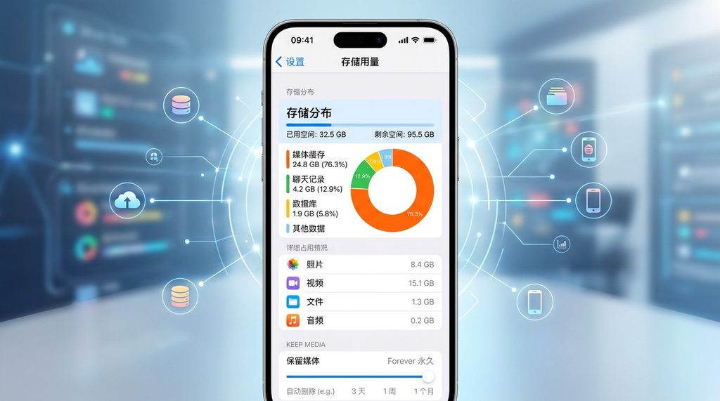 iPhone手机界面截图，显示纸飞机存储用量设置页面，清晰展示出缓存与媒体文件的占用百分比