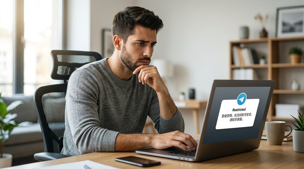 一个人在电脑前查看纸飞机登录错误界面的特写,背景简洁,光影柔和