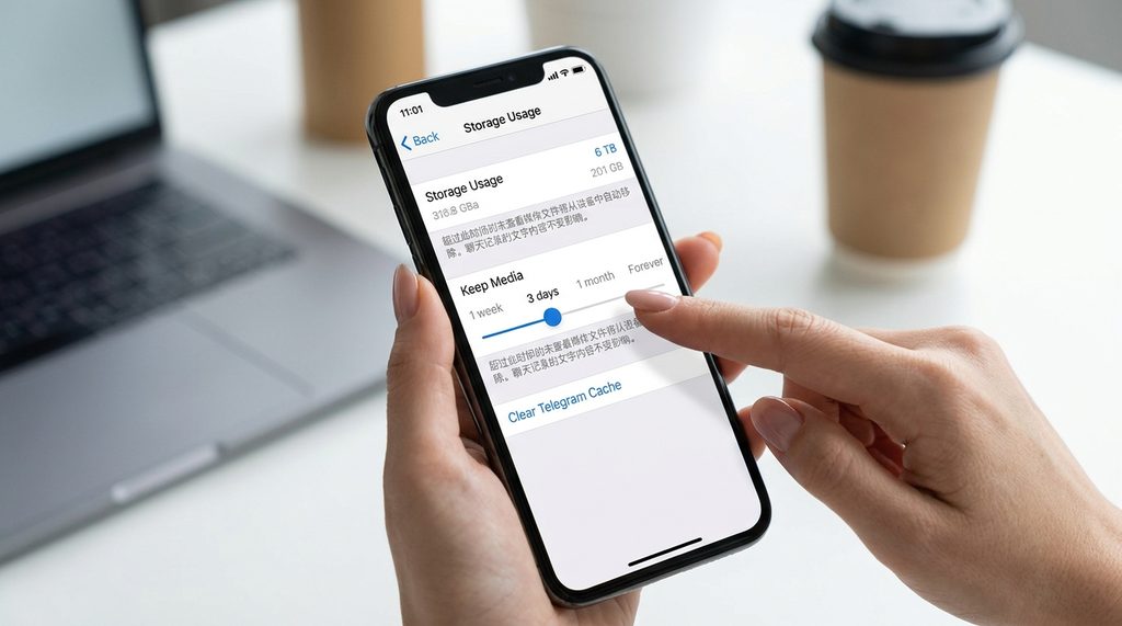 纸飞机存储设置页面，手指正在滑动进度条设置“保留媒体”时长，界面简洁明了