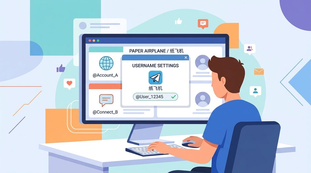 简洁风格的扁平化矢量图，展示一名用户在电脑前管理多个社交账号，屏幕上显示纸飞机图标和用户名设置菜单