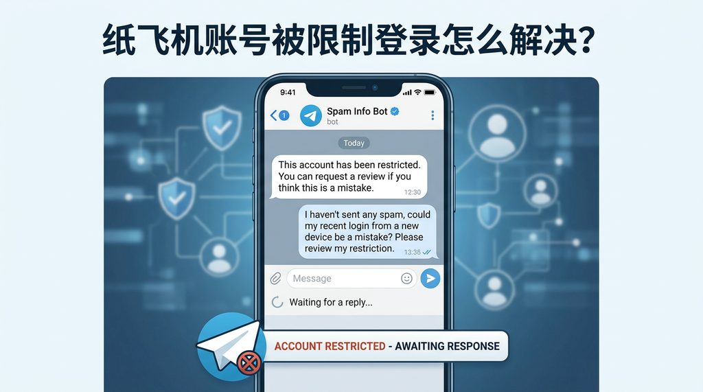 手机屏幕显示纸飞机官方客服机器人的对话界面,界面清晰,处于等待回复状态