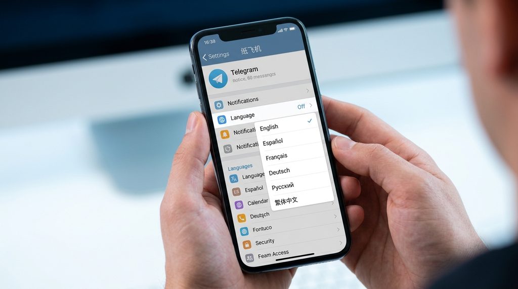 纸飞机APP设置界面展示，重点显示Language菜单下缺少<a href=