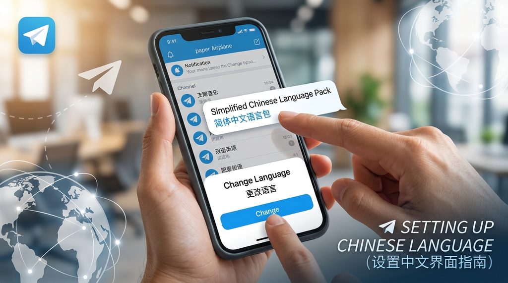 手持智能手机操作纸飞机应用，点击语言包链接后界面语言切换的演示图
