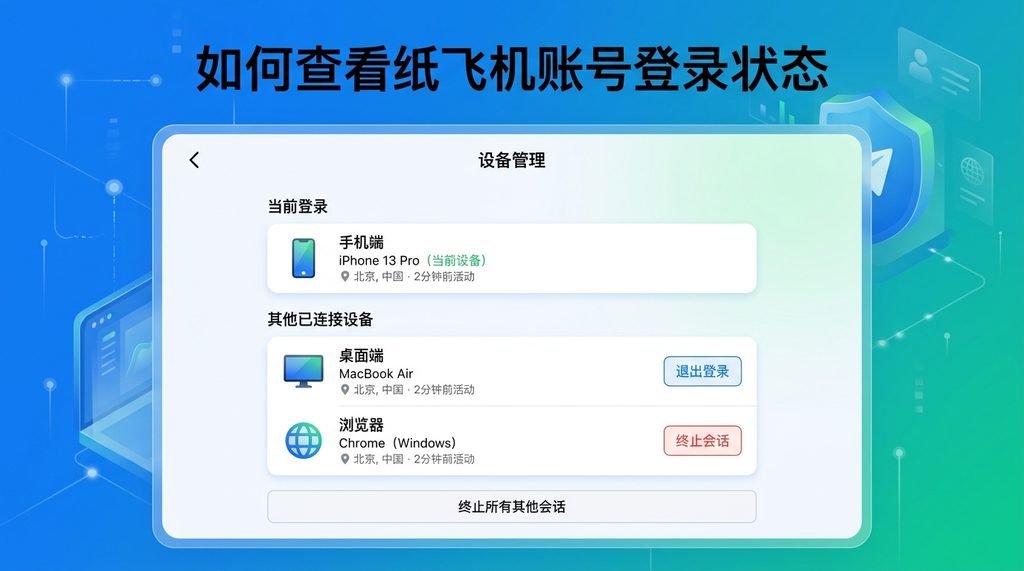 纸飞机App内设备管理界面的截图,显示手机和桌面端登录列表,图标清晰简洁,UI风格现代