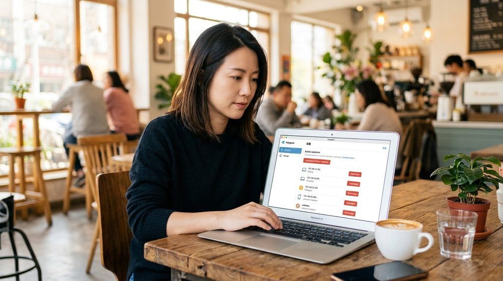 一个人在咖啡厅使用笔记本电脑进行安全检查的办公场景,屏幕上显示纸飞机设备管理界面,光线明亮,办公氛围