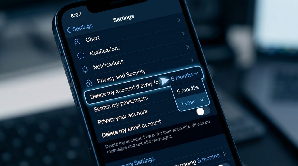 纸飞机软件隐私设置菜单，突出显示“自动删除账号”的开关选项，界面采用深色模式，UI细节清晰可见