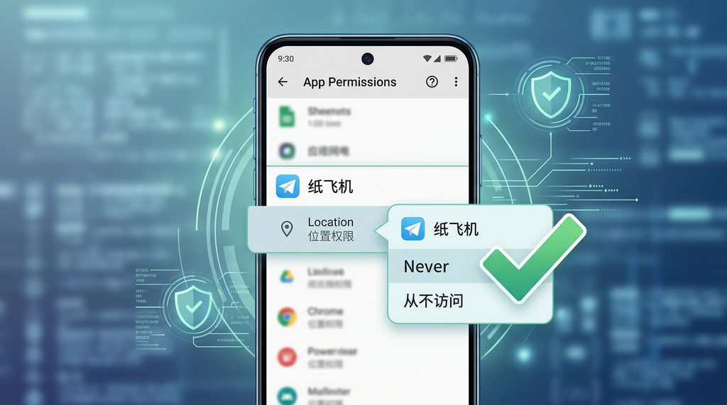 手机设置菜单中,纸飞机应用权限管理界面,位置权限设置为从不访问的截图