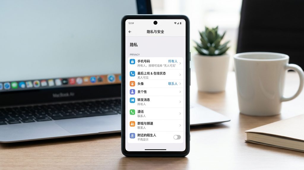 纸飞机应用隐私设置界面,电话号码与群组权限的详细选项,简洁的界面设计