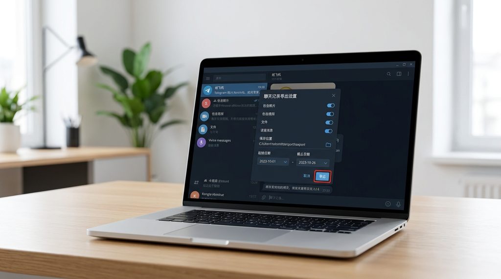 一台笔记本电脑显示纸飞机软件界面，屏幕上展示着聊天记录导出设置窗口，背景简洁现代
