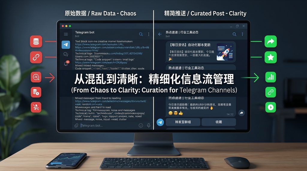 一张展示清晰的信息流内容编辑界面，左侧是混乱的原始数据，右侧是经过整理的精简推送，界面风格简洁现代