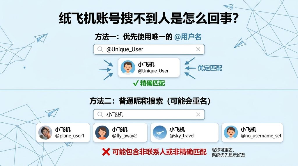 纸飞机搜索界面,演示输入@用户名与普通名称对比的示意图