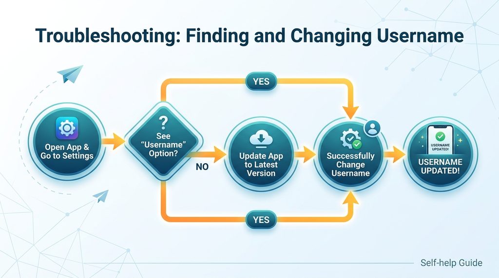一个简易的故障排查流程图，展示从打开App到更新版本，最后成功修改用户名的路径