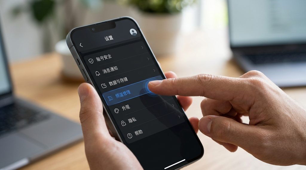 一个人的手机屏幕正在打开纸飞机设置页面，点击“频道管理”选项的特写镜头，现代简洁风