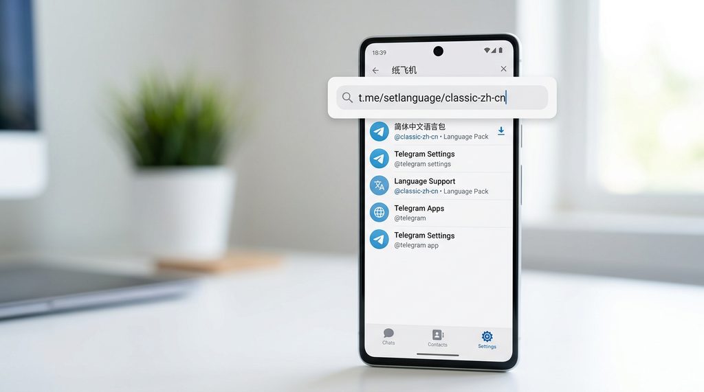 纸飞机软件内的搜索框界面，正在输入语言切换指令，背景简洁明快，显示出搜索结果列表