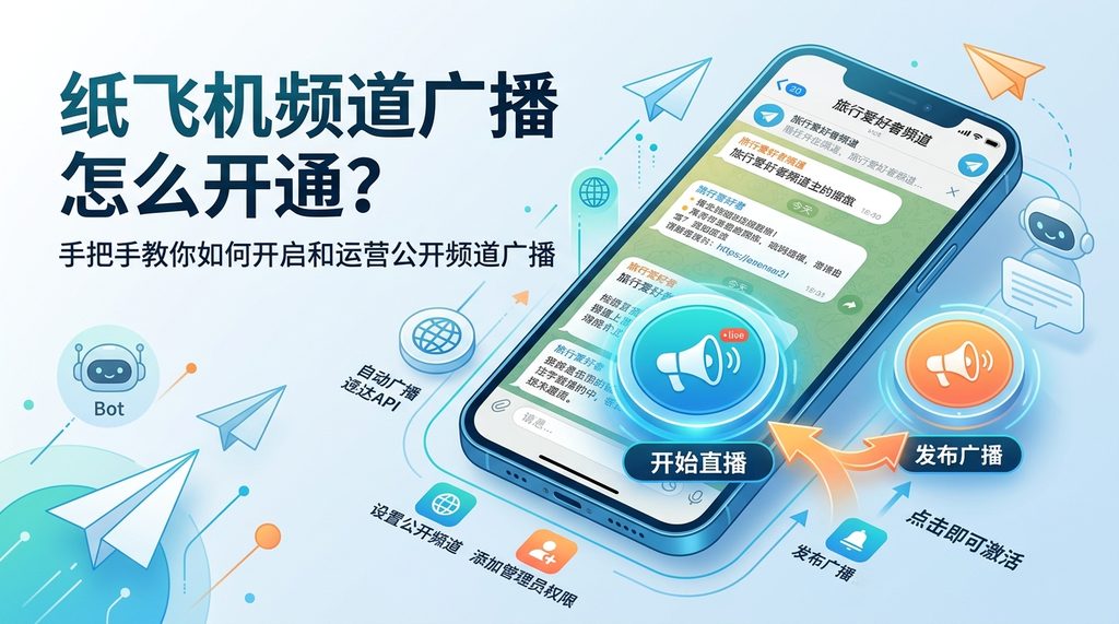 纸飞机频道内部界面，底部显示“开始直播”或“发布广播”的圆形图标，强调交互性