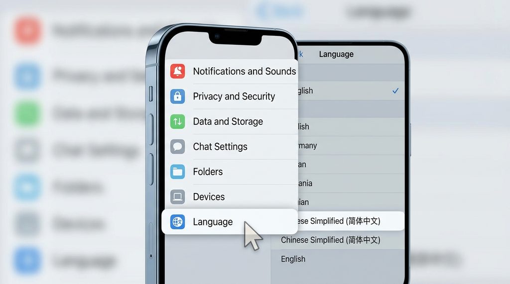 纸飞机APP的设置菜单详情页，光标正指向Language语言选项，界面简洁，图标清晰