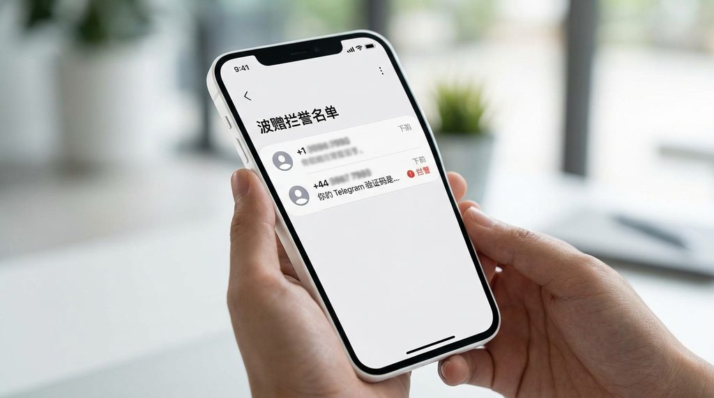 一部智能手机的屏幕特写，显示手机短信拦截列表界面，画面清晰简洁