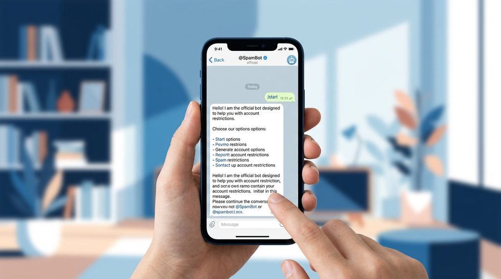 一位手机用户在纸飞机应用中打开SpamBot机器人进行申诉的操作截图，界面简洁直观
