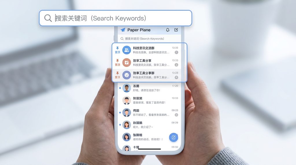 一个简洁的纸飞机APP手机端界面,顶部的搜索框突出,对话列表清晰地排列,并有几个置顶的会话,风格现代