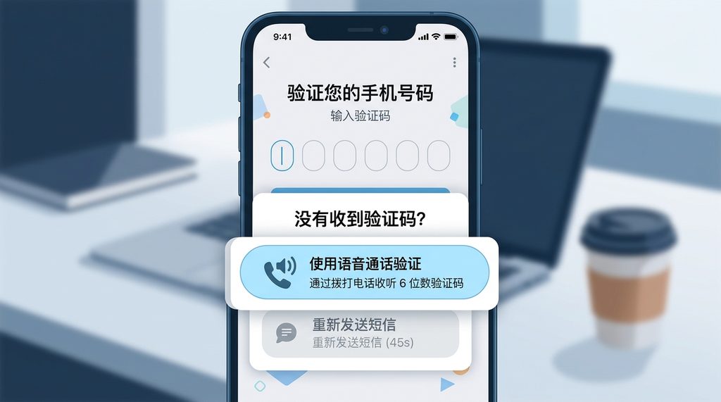 纸飞机注册界面弹出语音验证选项，屏幕上显示数字输入框，扁平化设计风格