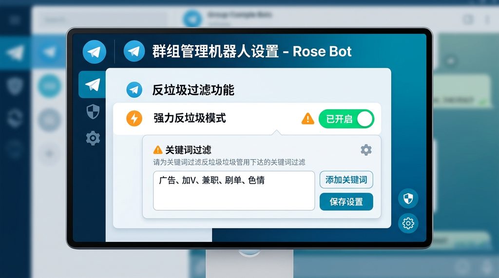 纸飞机群组管理机器人设置界面，展示开启反垃圾过滤功能的开关和关键词设置选项