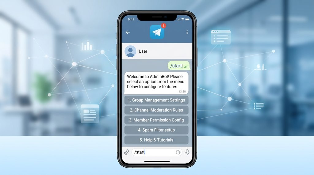 手机屏幕展示机器人设置界面,用户正在输入 /start 命令,界面下方显示出功能菜单列表,简洁清晰