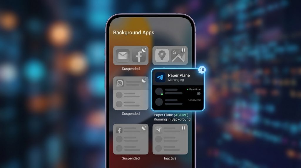 智能手机后台任务管理器界面，显示多个被挂起的应用程序，其中纸飞机图标显示为活跃状态