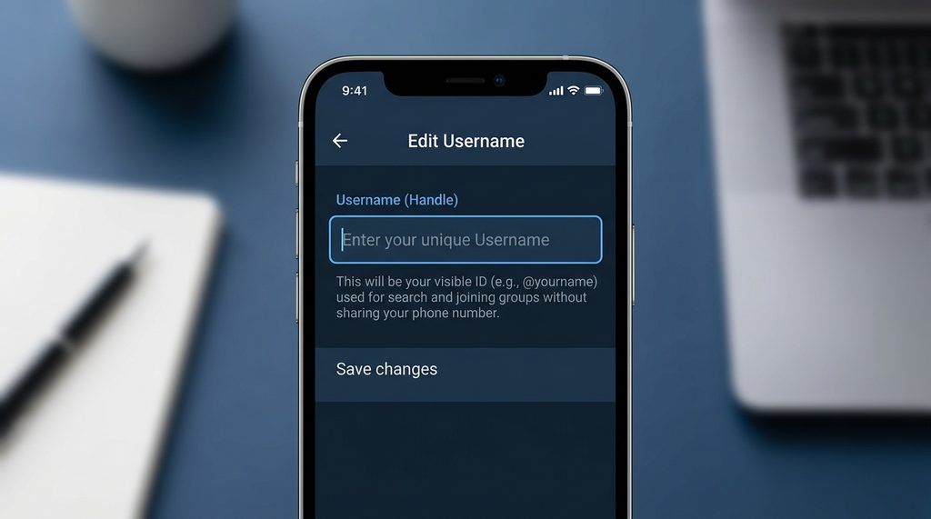 手机屏幕显示纸飞机设置页面，光标停留在编辑用户名输入框，背景为简洁的深蓝色主题界面