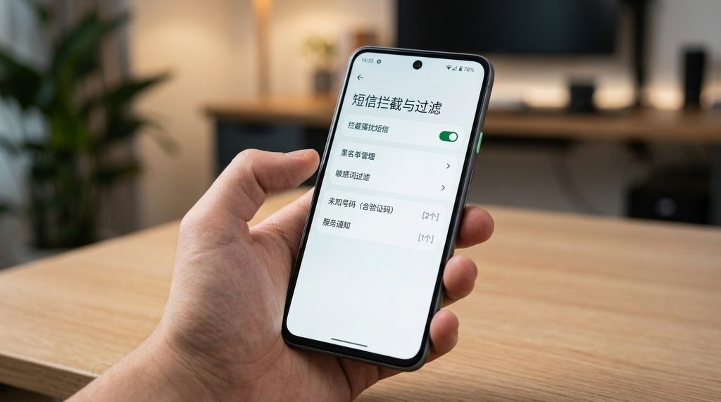 一部智能手机显示短信拦截设置界面的特写，背景模糊，光线柔和