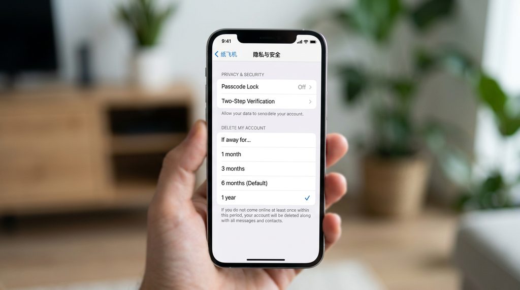 手机屏幕显示纸飞机设置菜单中“删除我的账号”选项的特写,背景模糊