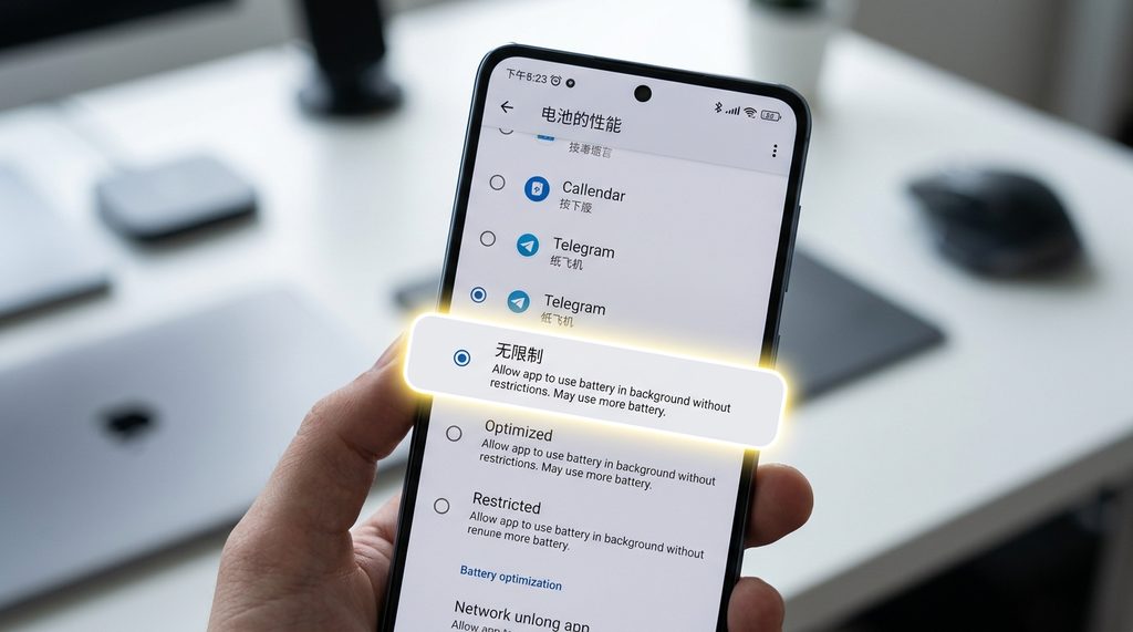 手机系统设置菜单中“电池优化”选项的详细设置界面，高亮显示“无限制”选项