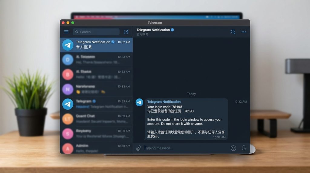 纸飞机软件桌面端聊天界面，显示来自官方账户的验证码通知消息截图