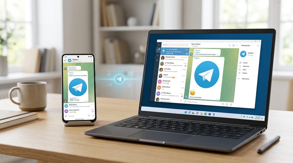 一台笔记本电脑和一部手机同时打开纸飞机界面的桌面环境,暗示多终端同步