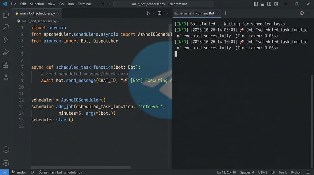 一个清晰的 Python 机器人开发环境截图，左侧为代码编辑器展示定时任务逻辑，右侧为终端输出任务执