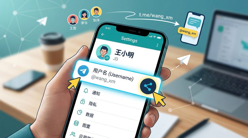 纸飞机设置页面中显示用户名设置与分享按钮的操作演示，UI简洁清晰