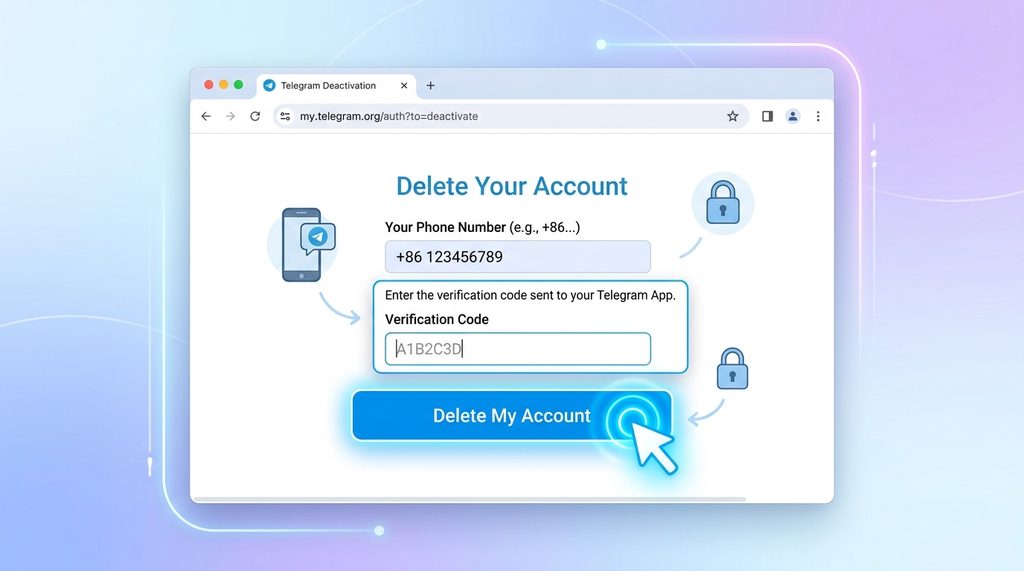 一张展示纸飞机网页版注销页面的示意图，界面简洁，重点标注了“Delete account”按钮和验证