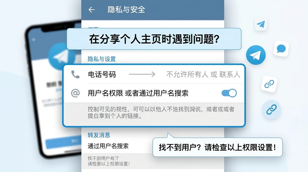 纸飞机隐私与安全设置界面，重点突出电话号码与用户名权限选项的截图